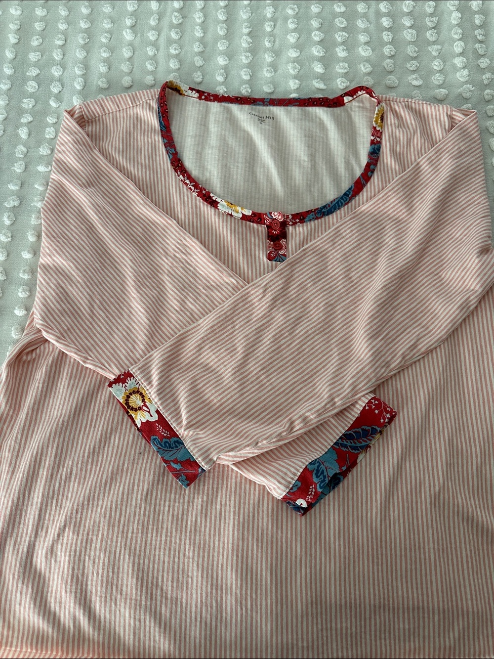 Garnet Hill Organic Cotton Pink Striped Pajama Set with Floral Trim - Picture 3 of 5